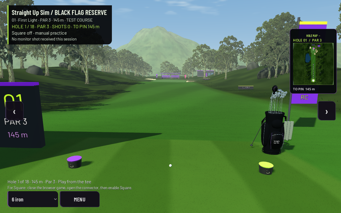 Black Flag Reserve First Light fairway, trees and mountain scenery